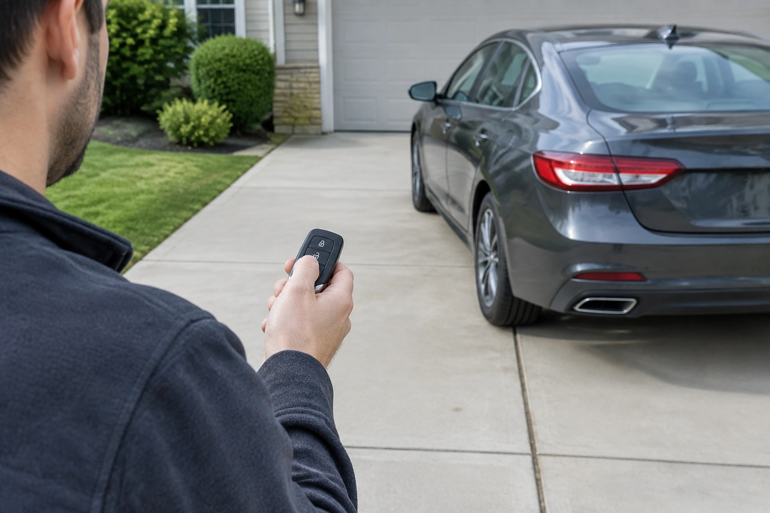 Car owner testing a key fob near a vehicle in a driveway