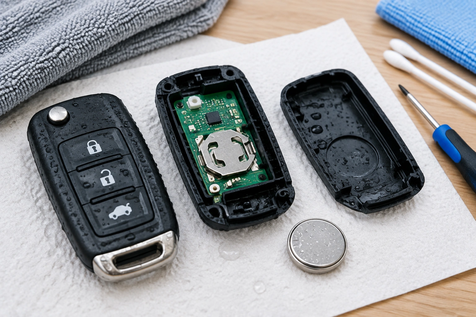 Open key fob with battery removed after water exposure