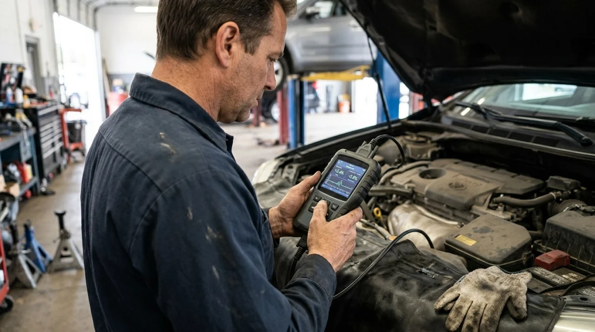 Technician examining OBD2 live fuel trim data beside an open vehicle engine bay.