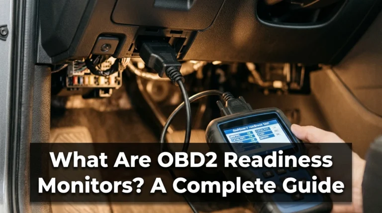OBD2 scanner plugged into a car dashboard displaying emissions readiness status.