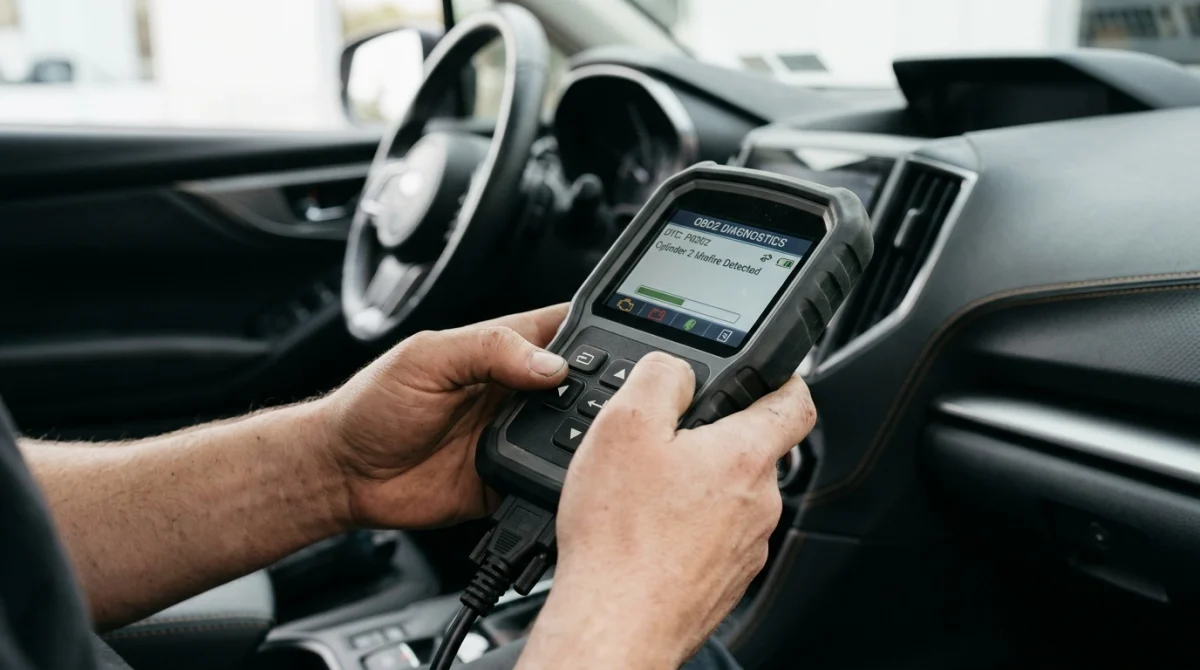 Technician holding an OBD2 scanner evaluating vehicle readiness monitors.
