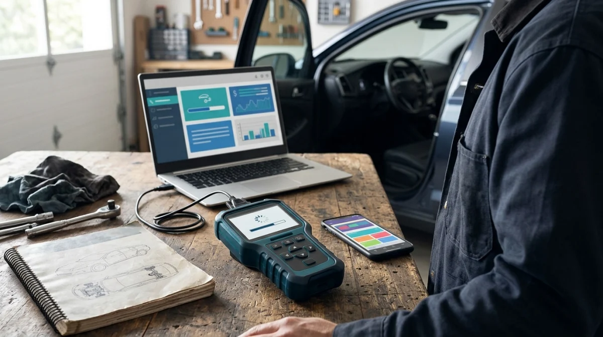 OBD2 scanner, laptop, and smartphone arranged for diagnostic software maintenance