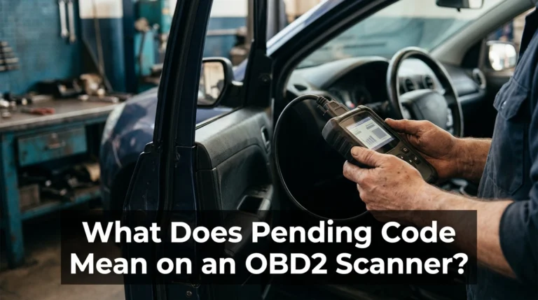 OBD2 diagnostic scanner connected to a car during pending code troubleshooting.
