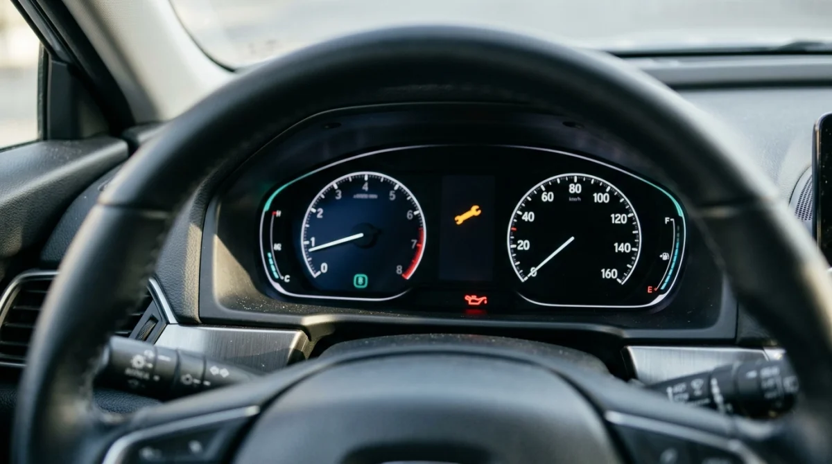 Car dashboard showing distinct oil maintenance and oil pressure warning indicators.
