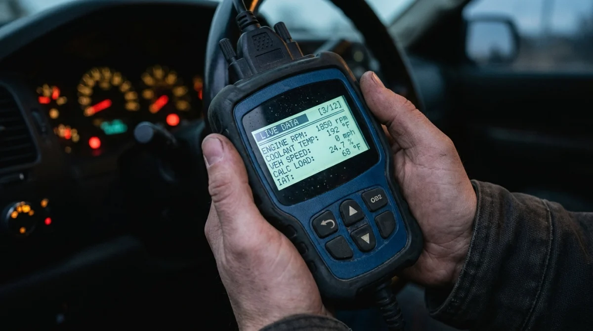 OBD2 scanner screen showing live engine parameters and freeze frame data fields.