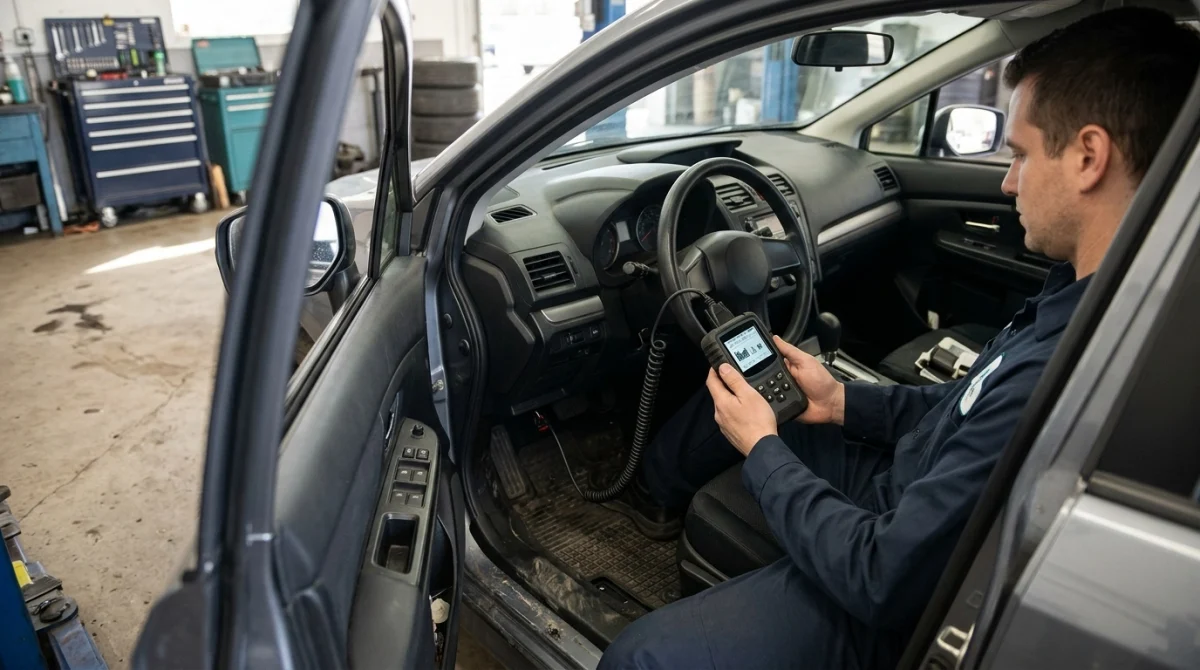 OBD2 scanner connected beneath a car dashboard during a drive cycle diagnostic check.
