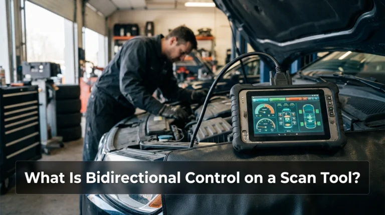 Bidirectional OBD2 scan tool connected to a vehicle during automotive diagnostics.