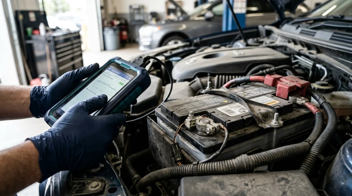 Car battery and monitoring sensor in an engine bay during scan tool registration.