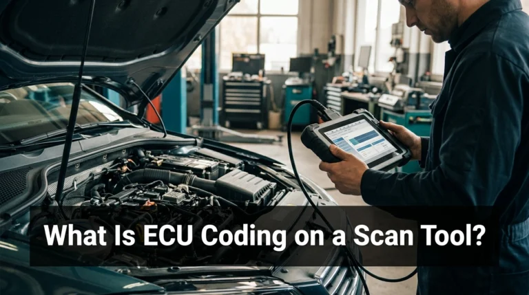 Automotive technician using an ECU coding scan tool beside a modern car engine.