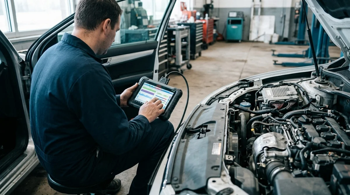 Technician connecting a diagnostic scanner to a vehicle to examine electronic control modules.