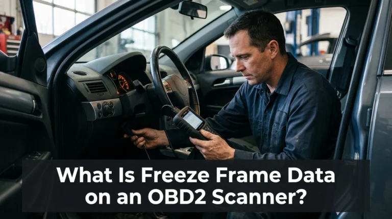 Technician using an OBD2 scanner under a car dashboard to read diagnostic freeze frame data.