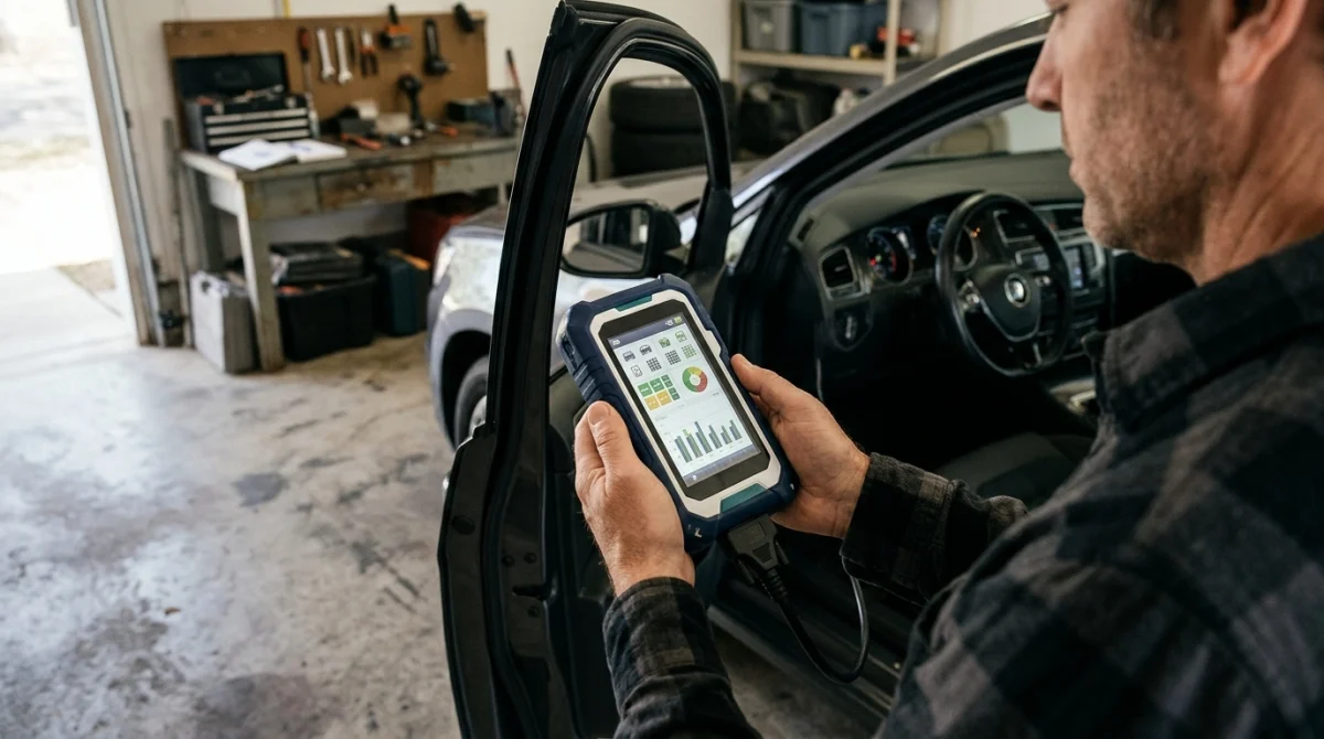 Car owner checking I/M readiness with an OBD2 scanner beside a vehicle dashboard.