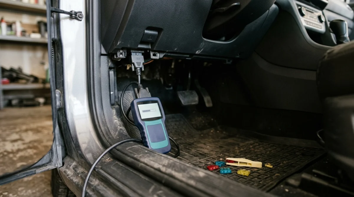 OBD2 scanner plugged into a vehicle diagnostic port beneath the dashboard.
