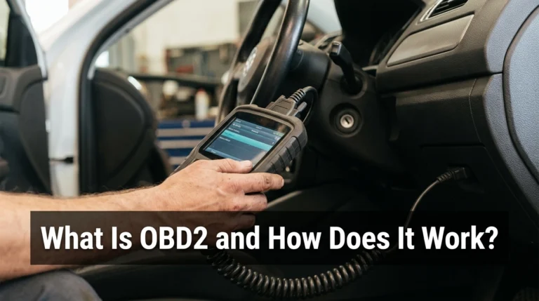 OBD2 scanner connected to a car's diagnostic port beneath the dashboard.