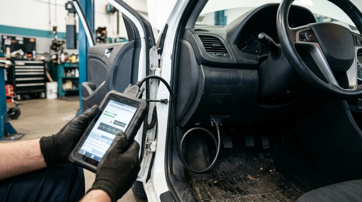 OBD2 scanner beneath a car dashboard showing diagnostic status during fault verification.