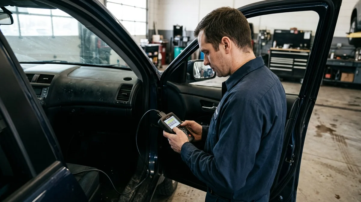 Mechanic checking a pending code on an OBD2 scanner inside a vehicle.