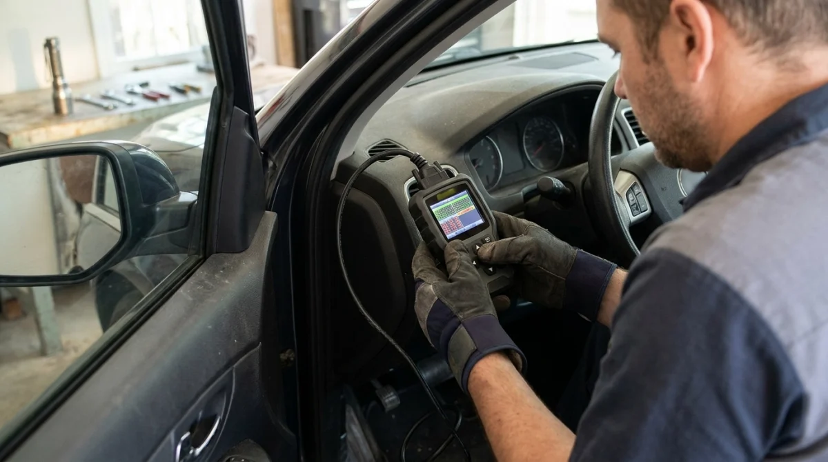 Mechanic examining an OBD2 scanner connected beneath a car dashboard to check diagnostic code statuses.