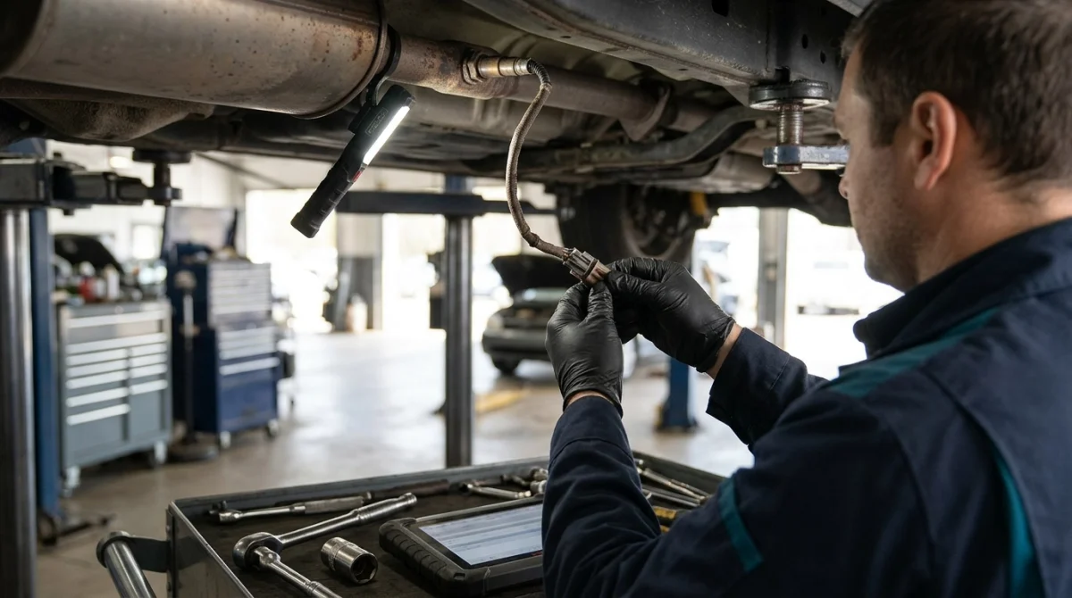 Technician inspecting an oxygen sensor connector and wiring before confirming a replacement is needed.