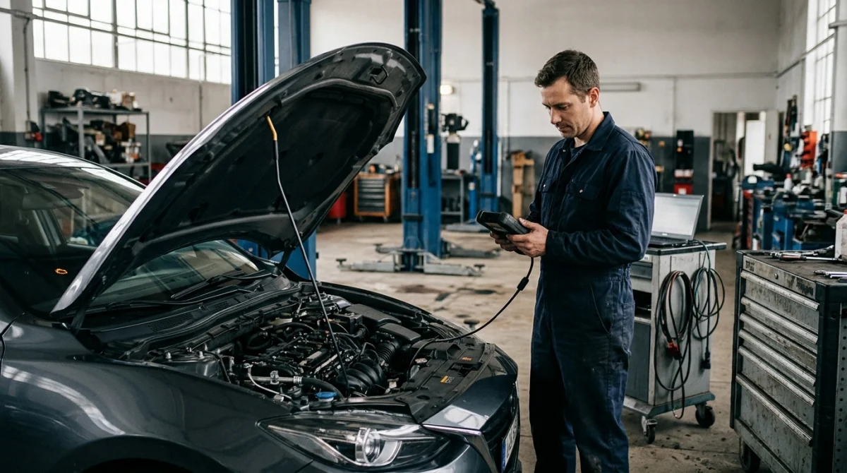Technician reviewing an OBD2 scanner beside a stationary car in a repair workshop.