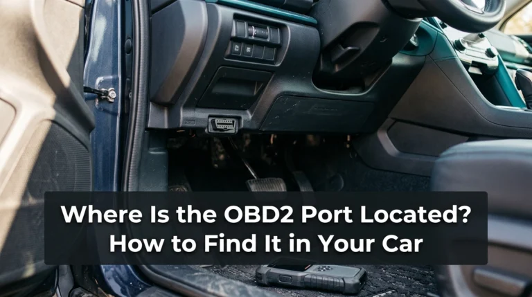 OBD2 port located beneath a car's driver-side dashboard near the steering column.