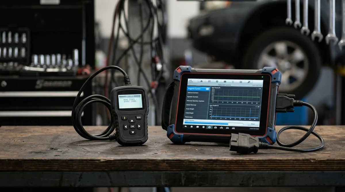 Basic OBD2 code reader and advanced diagnostic scanner on a workbench.