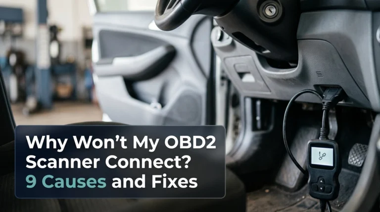 OBD2 scanner plugged into a car's diagnostic port while troubleshooting connection problems.